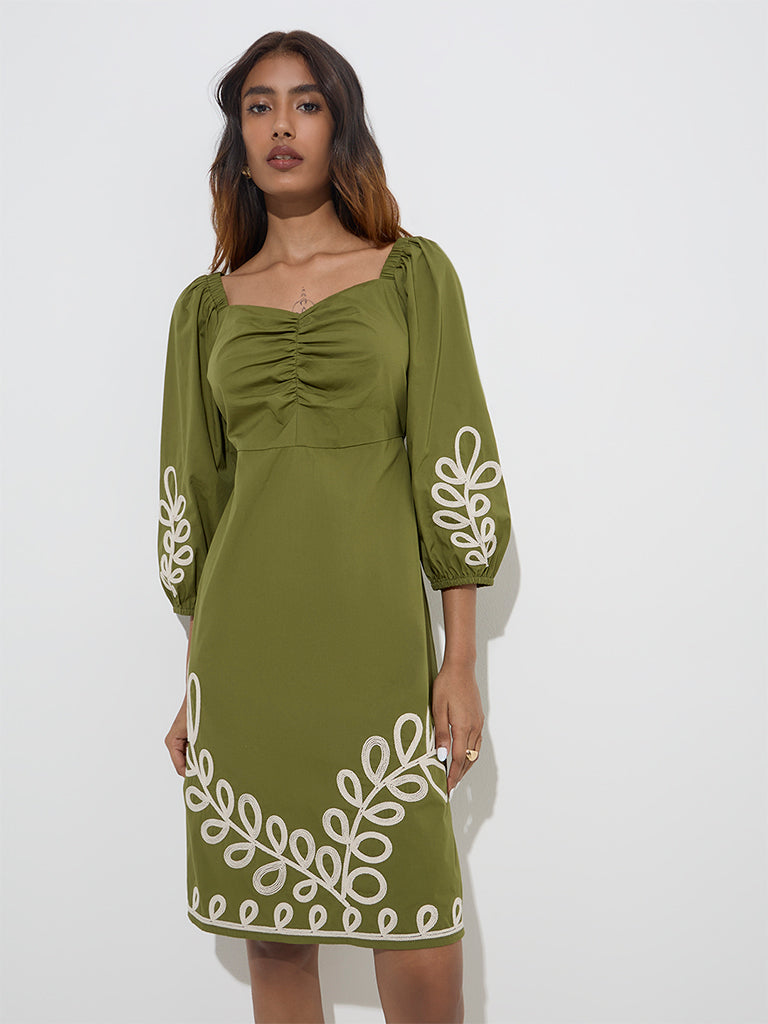 LOV Olive Foliage Embroidered Cotton A-Line Dress
