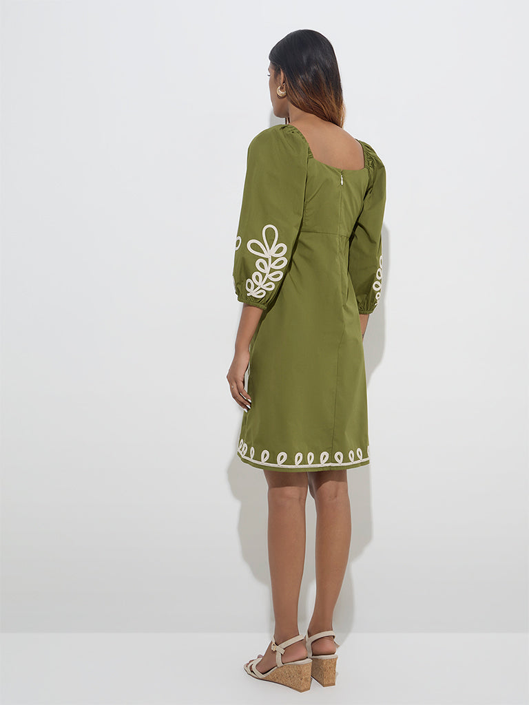 LOV Olive Foliage Embroidered Cotton A-Line Dress
