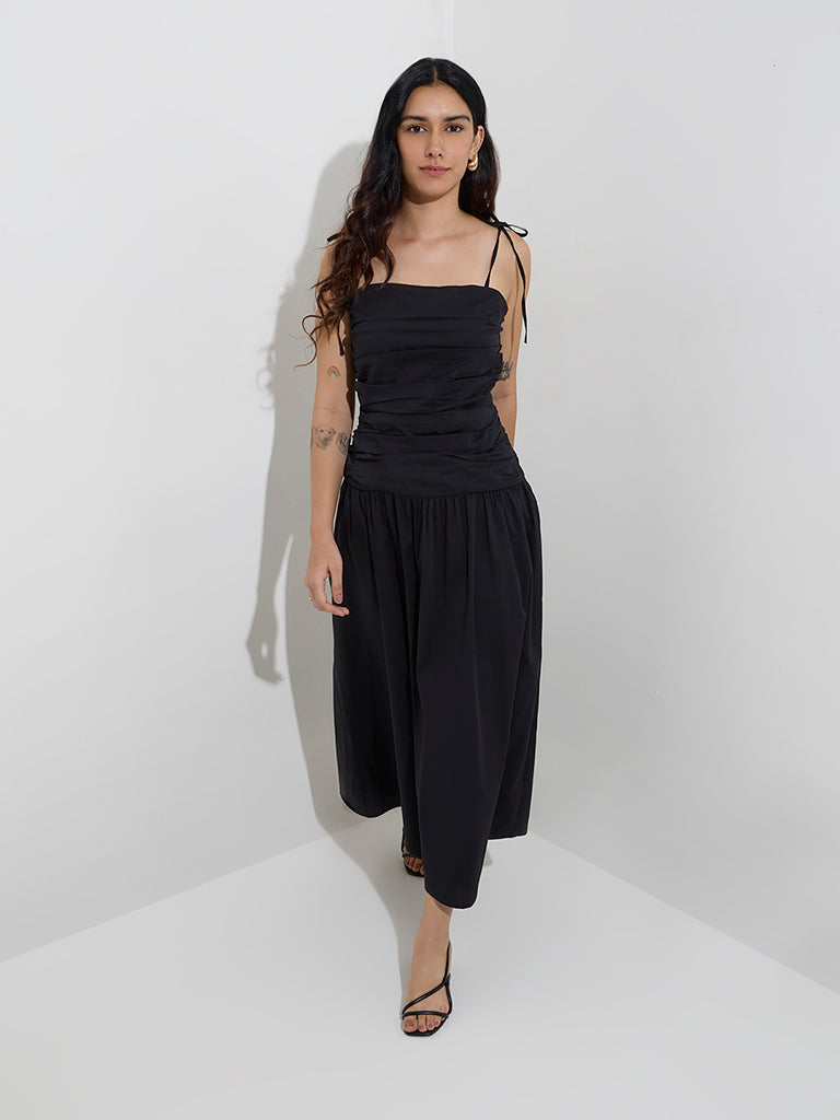 LOV Black Pleated Cotton-Blend Drop-Waist Dress
