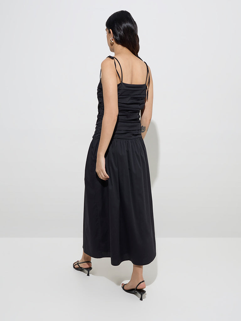 LOV Black Pleated Cotton-Blend Drop-Waist Dress