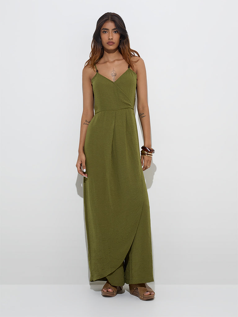 Westside LOV Women's Olive Crinkle Textured Jumpsuit for Casual Wear Front View