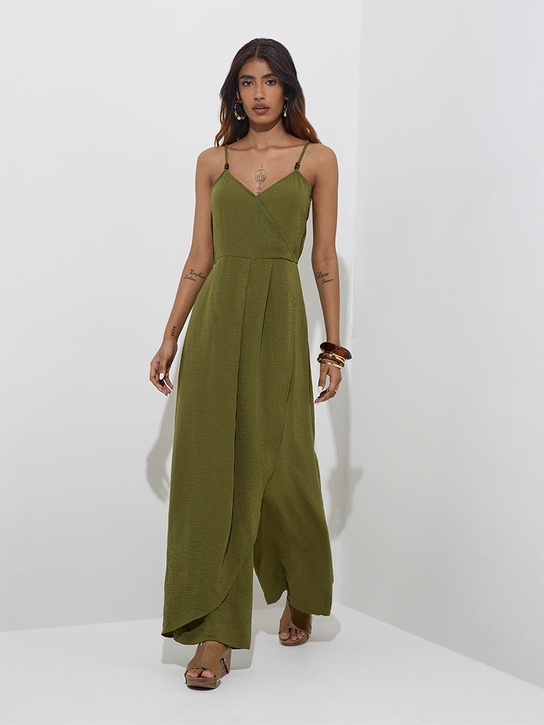 Westside LOV Women's Olive Crinkle Textured Jumpsuit for Casual Wear Front View