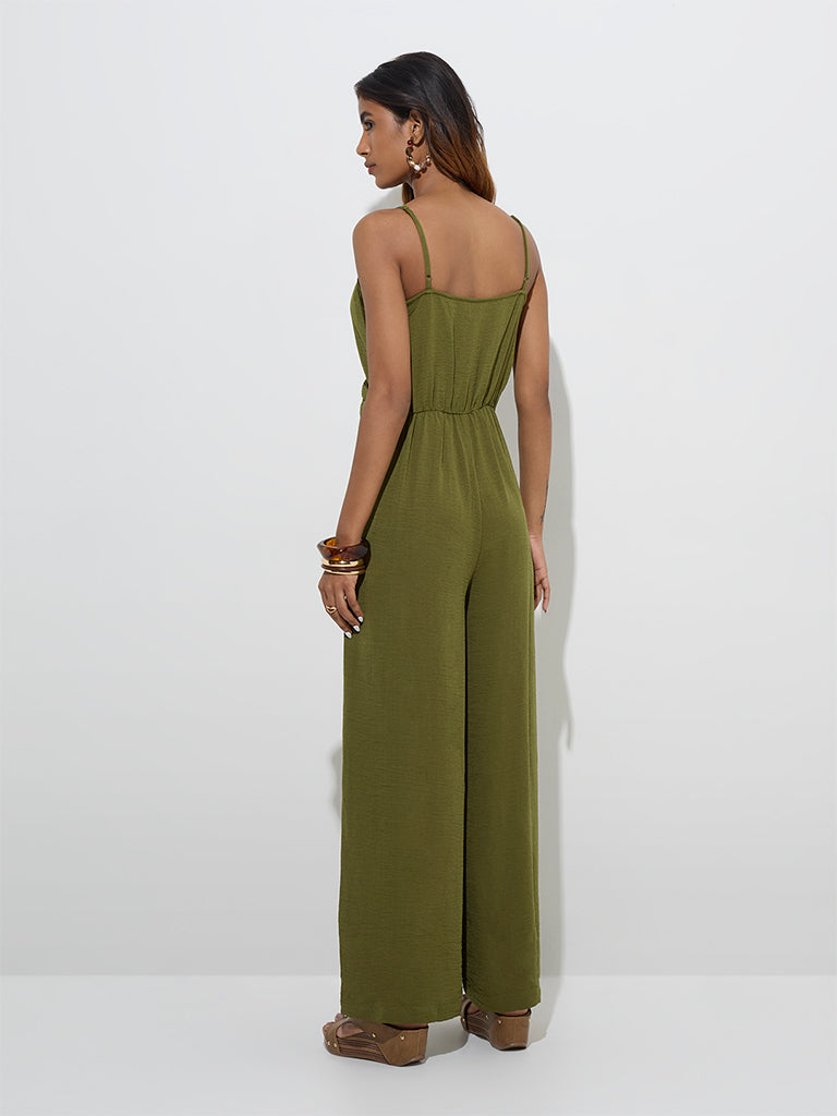 Westside LOV Women's Olive Crinkle Textured Jumpsuit for Casual Wear Back View