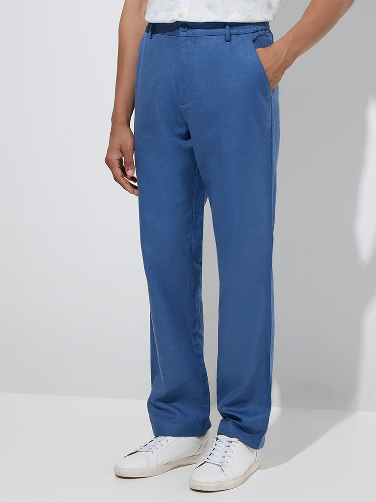 Westside Ascot Men's Blue Relaxed-Fit Mid-Rise Cotton-Blend Chinos for Casual Wear Front View