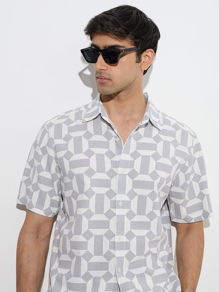 Ascot Grey Geometric Design Relaxed-Fit Linen Shirt