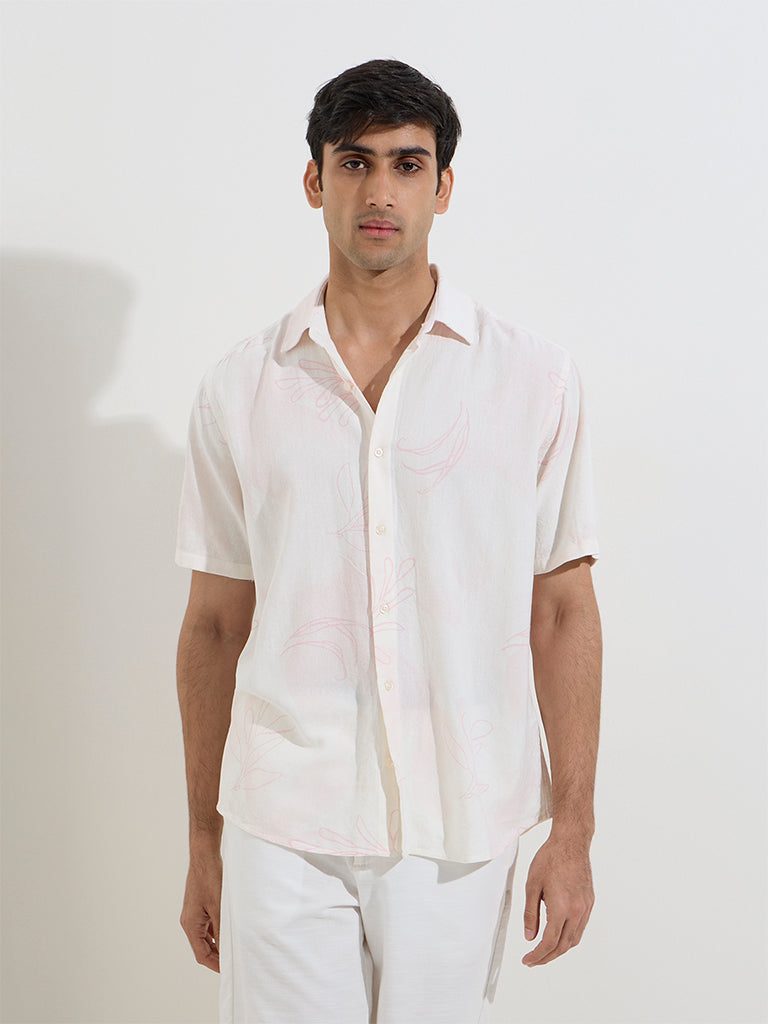 Westside Ascot Men's White Botanical Design Relaxed-Fit Shirt for Casual Wear Front View