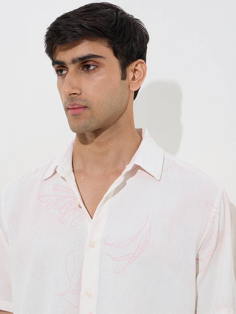 Westside Ascot Men's White Botanical Design Relaxed-Fit Shirt for Casual Wear Zoom View