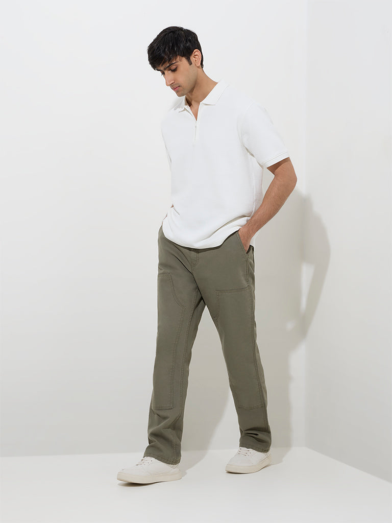Westside WES Casuals Men's Olive Relaxed-Fit Mid-Rise Cotton Chinos for Casual Wear Full Model View
