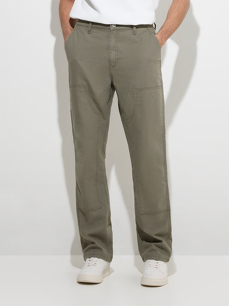 Westside WES Casuals Men's Olive Relaxed-Fit Mid-Rise Cotton Chinos for Casual Wear Front View