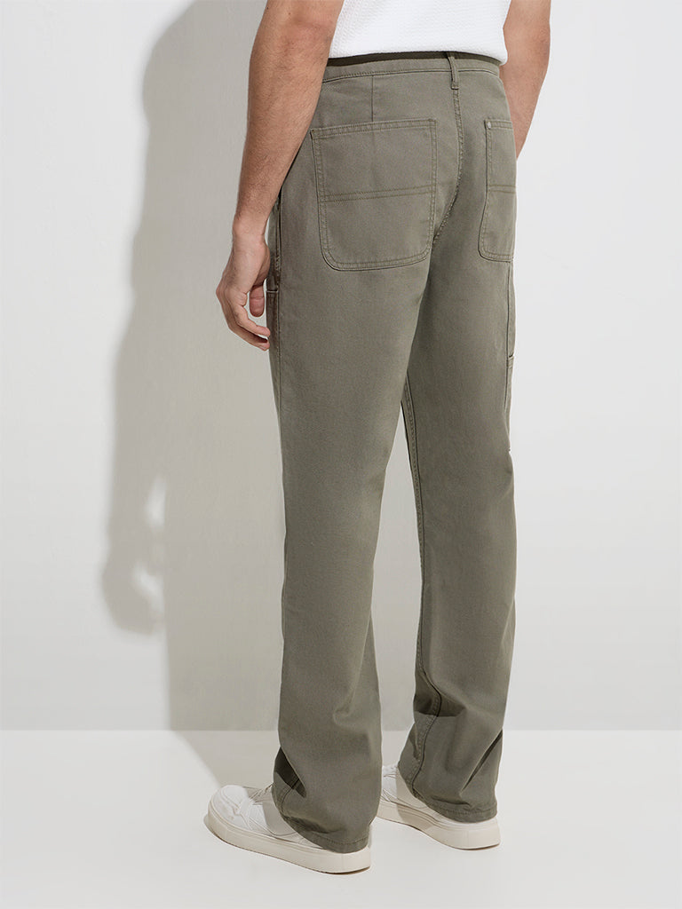 Westside WES Casuals Men's Olive Relaxed-Fit Mid-Rise Cotton Chinos for Casual Wear Back View