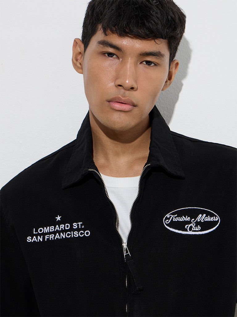 Nuon Black Text Embroidered Relaxed-Fit Cotton Jacket
