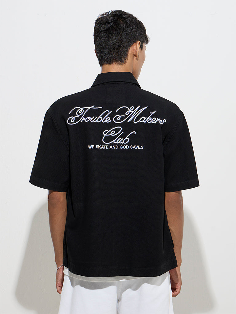 Nuon Black Text Embroidered Relaxed-Fit Cotton Jacket