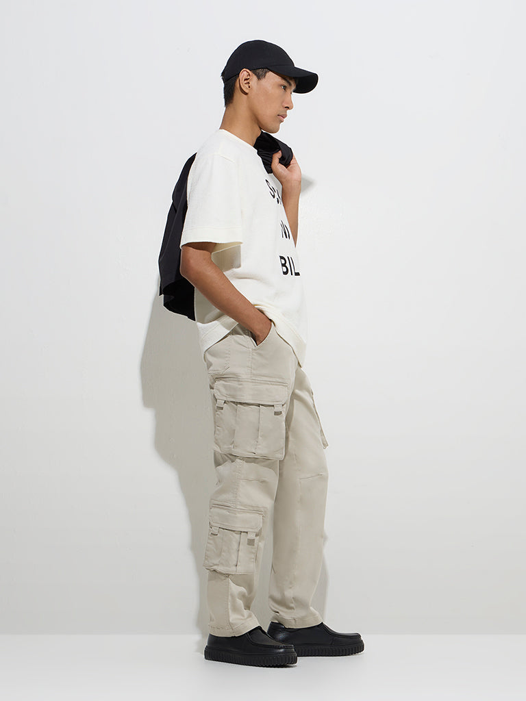 Nuon Beige Relaxed-Fit Mid-Rise Cotton-Blend Pants