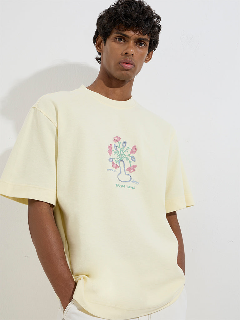 Nuon Light Yellow Floral Design Relaxed-Fit Cotton T-Shirt
