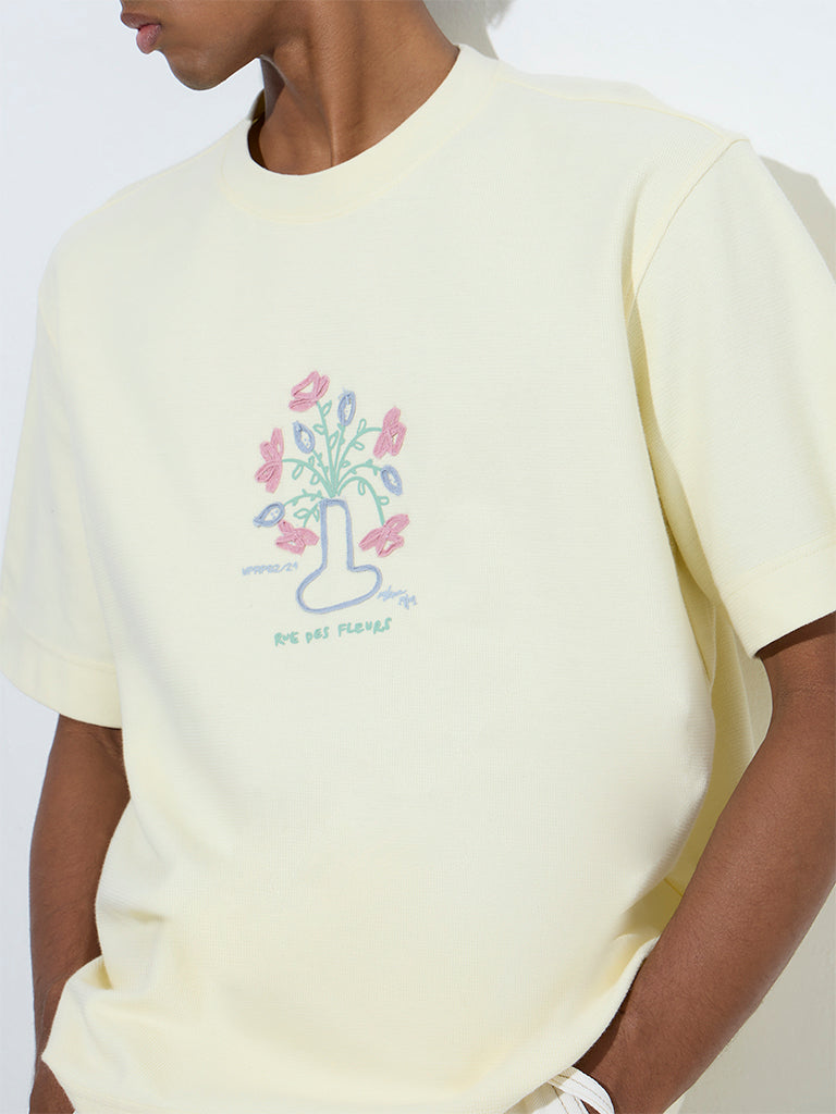 Nuon Light Yellow Floral Design Relaxed-Fit Cotton T-Shirt