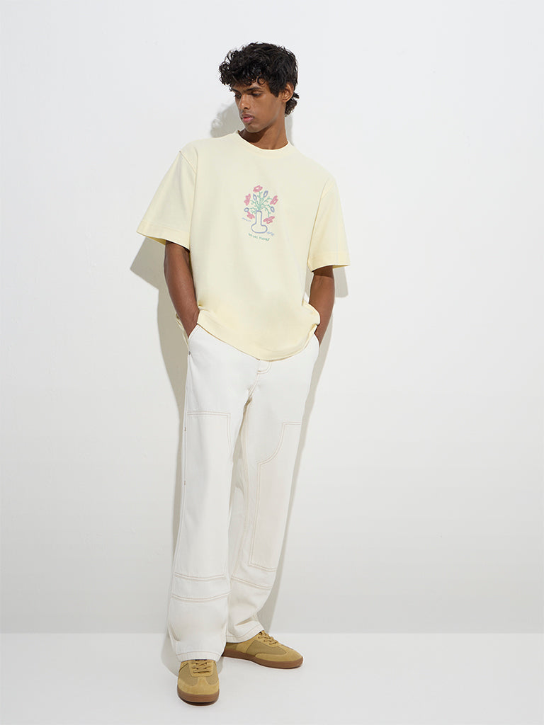 Nuon Light Yellow Floral Design Relaxed-Fit Cotton T-Shirt