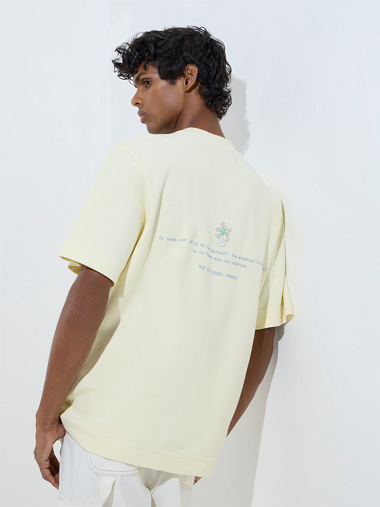 Nuon Light Yellow Floral Design Relaxed-Fit Cotton T-Shirt