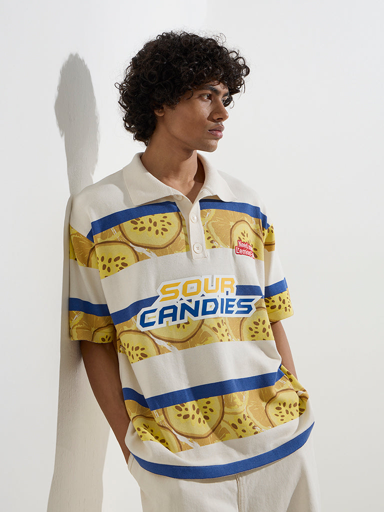 Nuon Yellow Printed Relaxed-Fit Cotton-Blend Polo T-Shirt