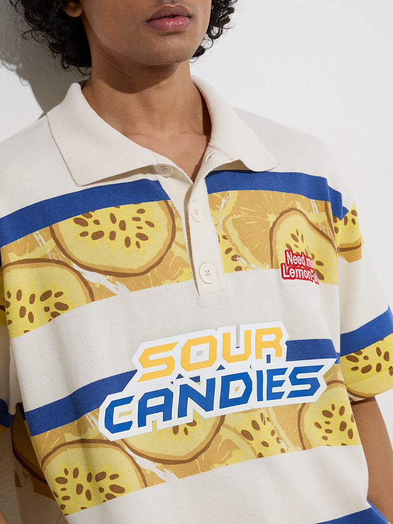 Nuon Yellow Printed Relaxed-Fit Cotton-Blend Polo T-Shirt