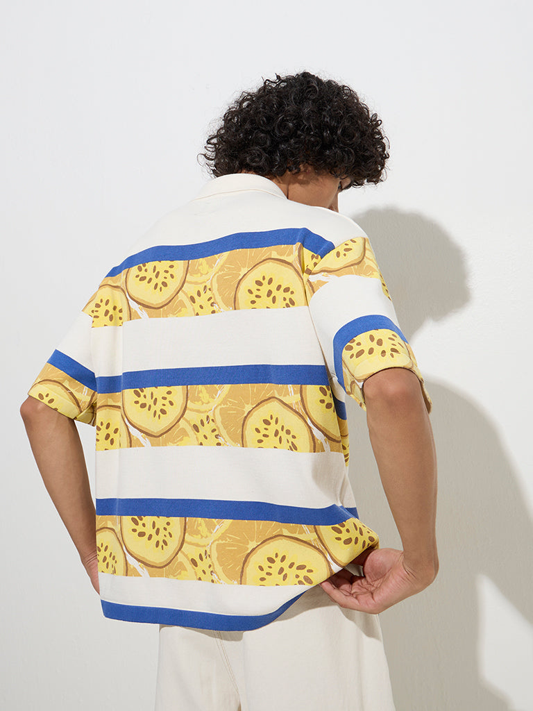 Nuon Yellow Printed Relaxed-Fit Cotton-Blend Polo T-Shirt