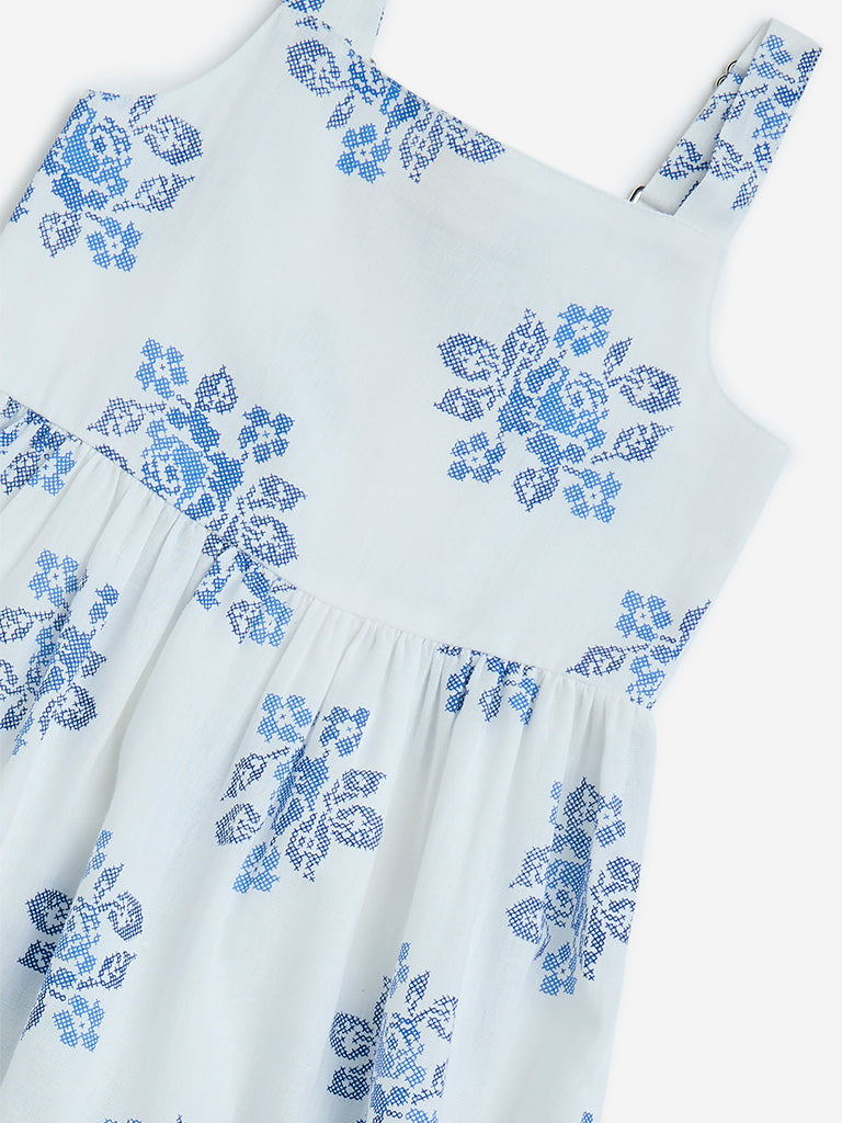 Utsa Kids White Floral Tiered Cotton-Blend Dress 2-8 years