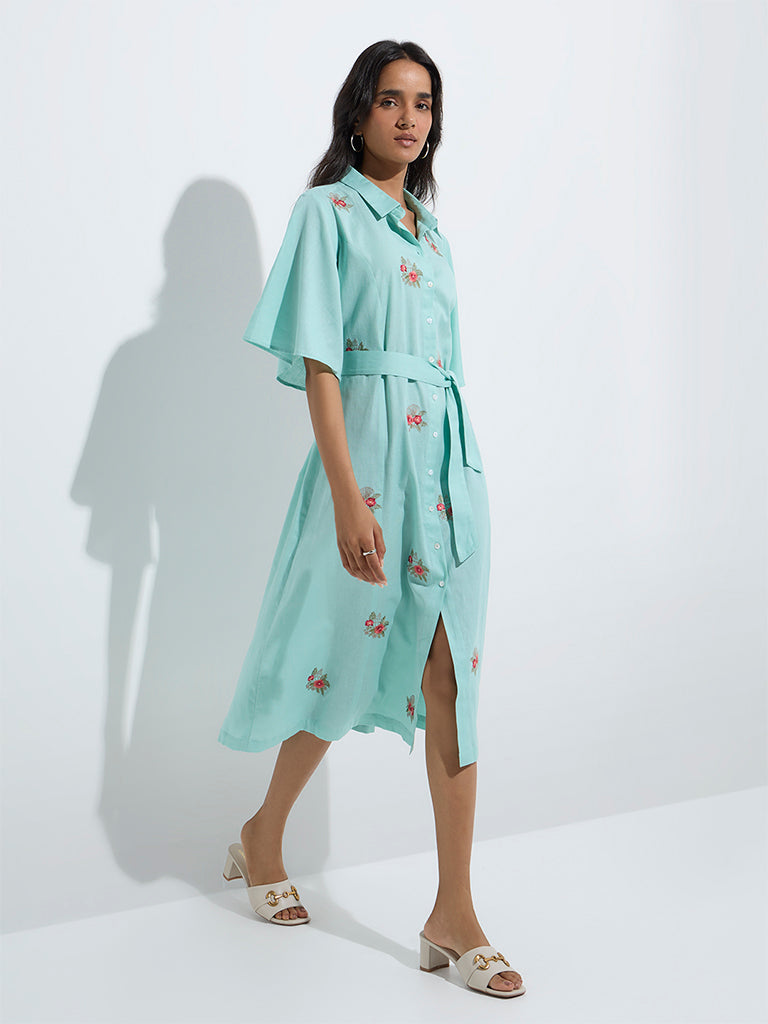westisde Utsa Women's Aqua Floral Design Cotton-Blend Shirt Dress with Belt for Work Wear Full Model View
