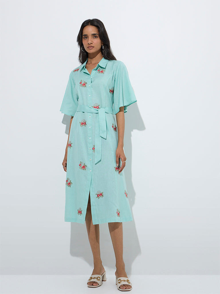 westisde Utsa Women's Aqua Floral Design Cotton-Blend Shirt Dress with Belt for Work Wear Front View