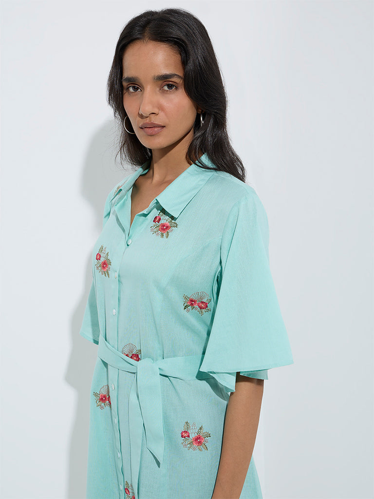 westisde Utsa Women's Aqua Floral Design Cotton-Blend Shirt Dress with Belt for Work Wear Zoom View