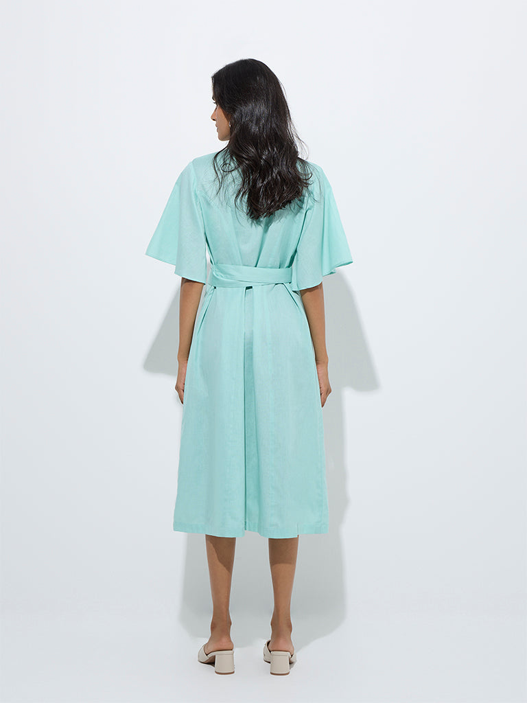 westisde Utsa Women's Aqua Floral Design Cotton-Blend Shirt Dress with Belt for Work Wear Back View