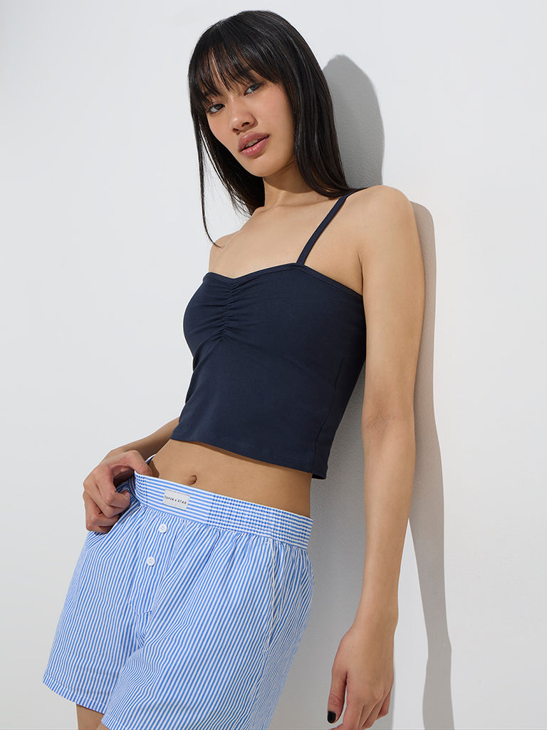 Superstar Navy Ruched Cotton-Blend Crop Top