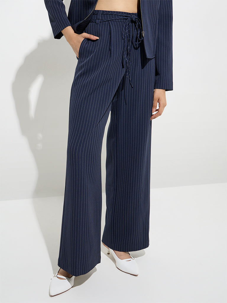 Wardrobe Navy Pinstripe Detailed High-Rise Trousers