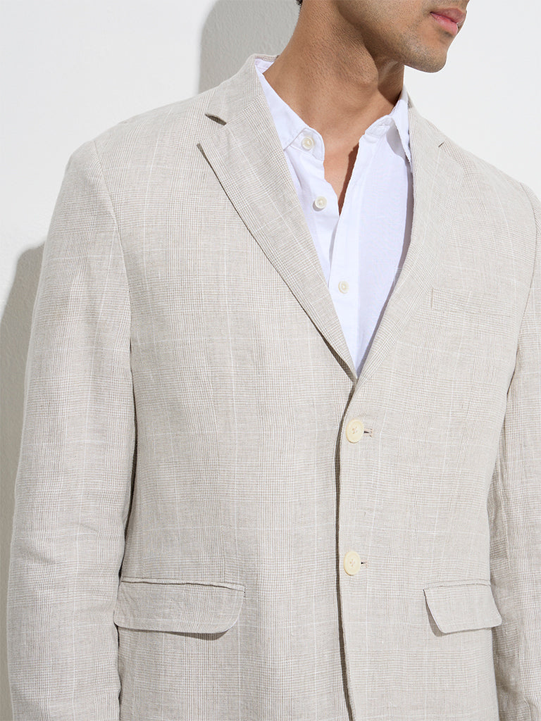 Ascot Beige Checkered Relaxed-Fit Linen Blazer