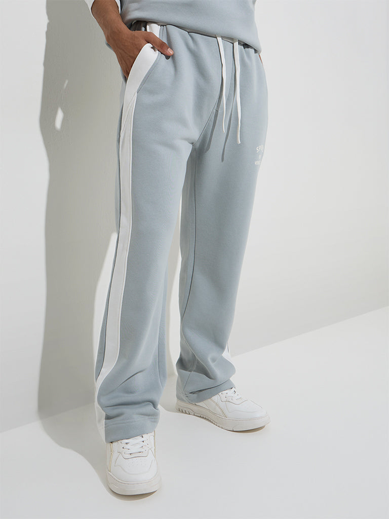 Studiofit Grey Text Pattern Relaxed-Fit Cotton-Blend Track Pants