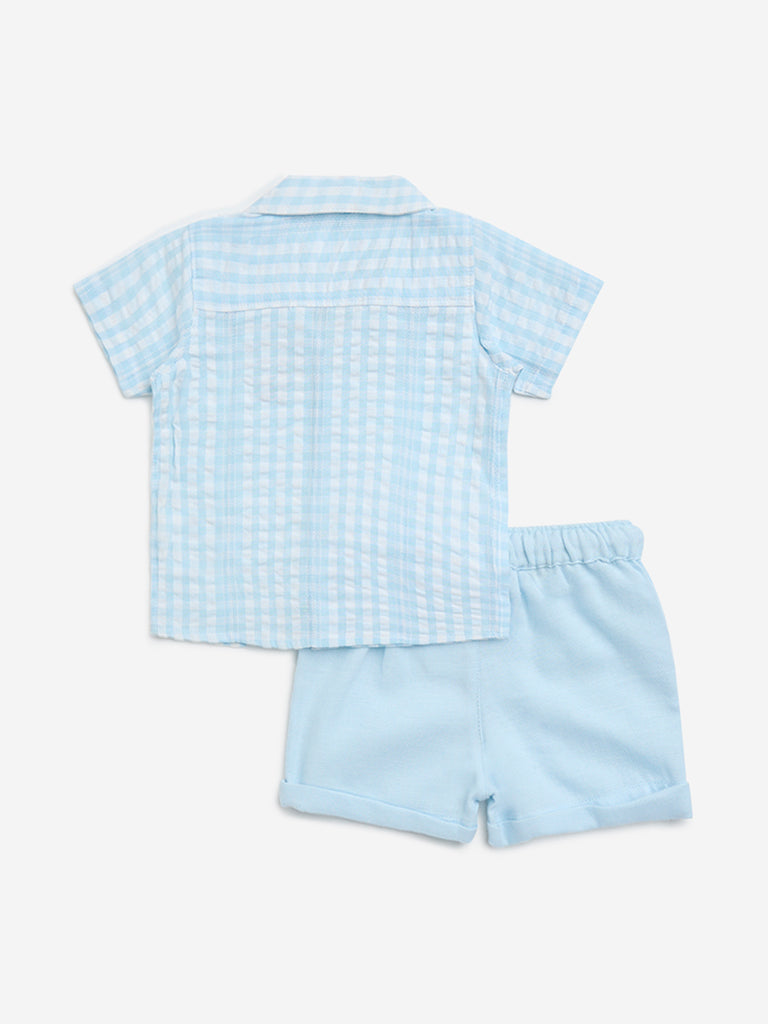 HOP Baby Blue Checkered Cotton-Blend Shirt and Shorts Set