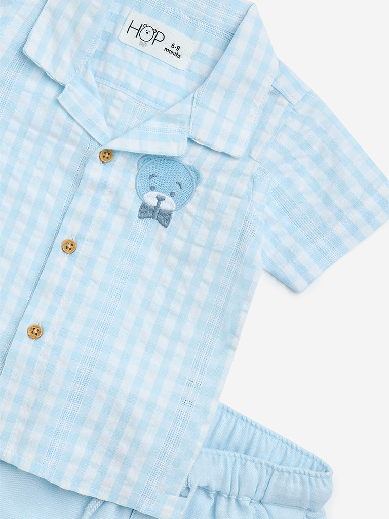 HOP Baby Blue Checkered Cotton-Blend Shirt and Shorts Set