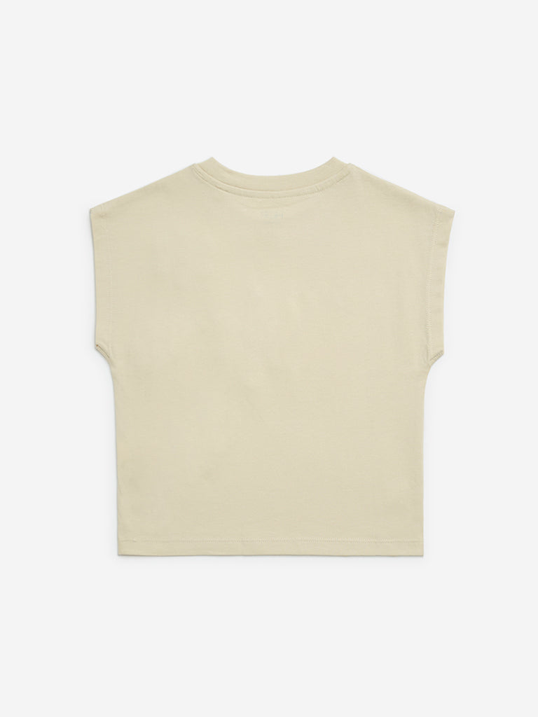HOP Kids Beige Floral Embroidered Cotton T-Shirt