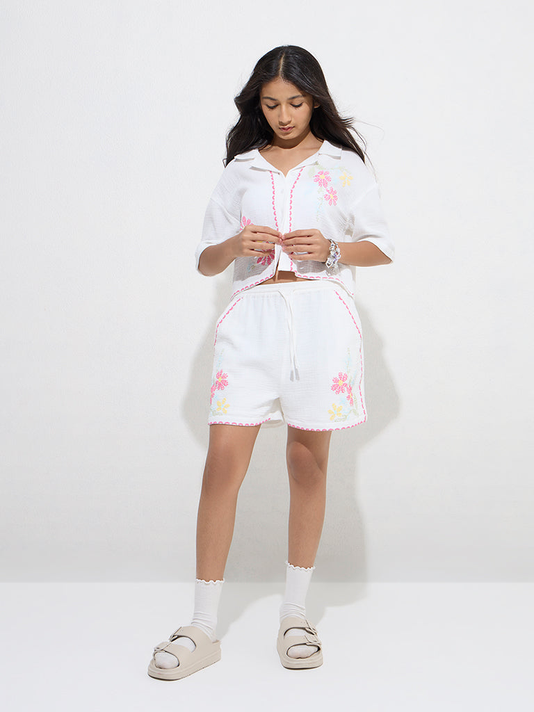 Y&F Kids White Floral Cotton Shirt with Shorts Set