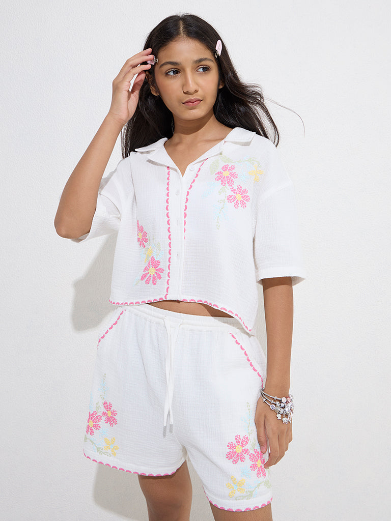 Y&F Kids White Floral Cotton Shirt with Shorts Set
