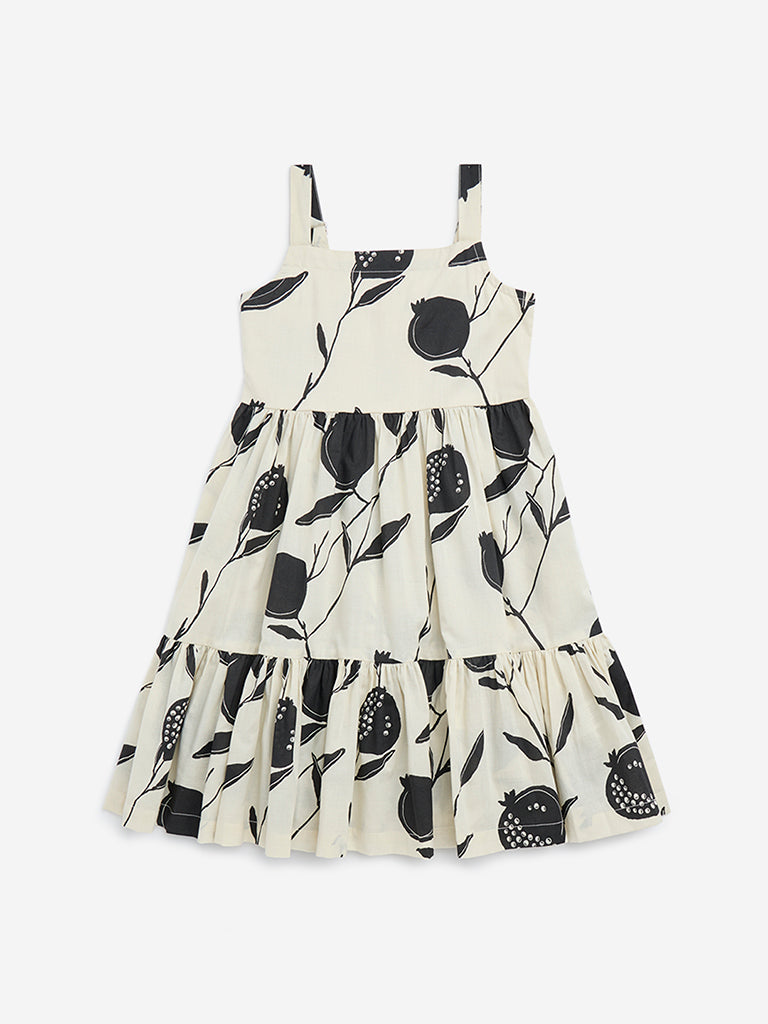 Utsa Kids Off-White Anar Design Cotton Tiered Dress - (2-8yrs)
