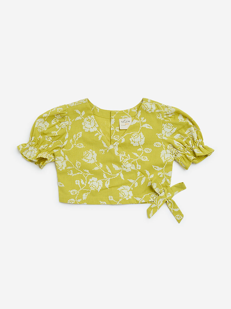 Utsa Kids Lime Floral Cotton-Blend Ethnic Top 2-8 years
