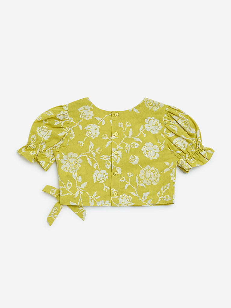 Utsa Kids Lime Floral Cotton-Blend Ethnic Top 2-8 years
