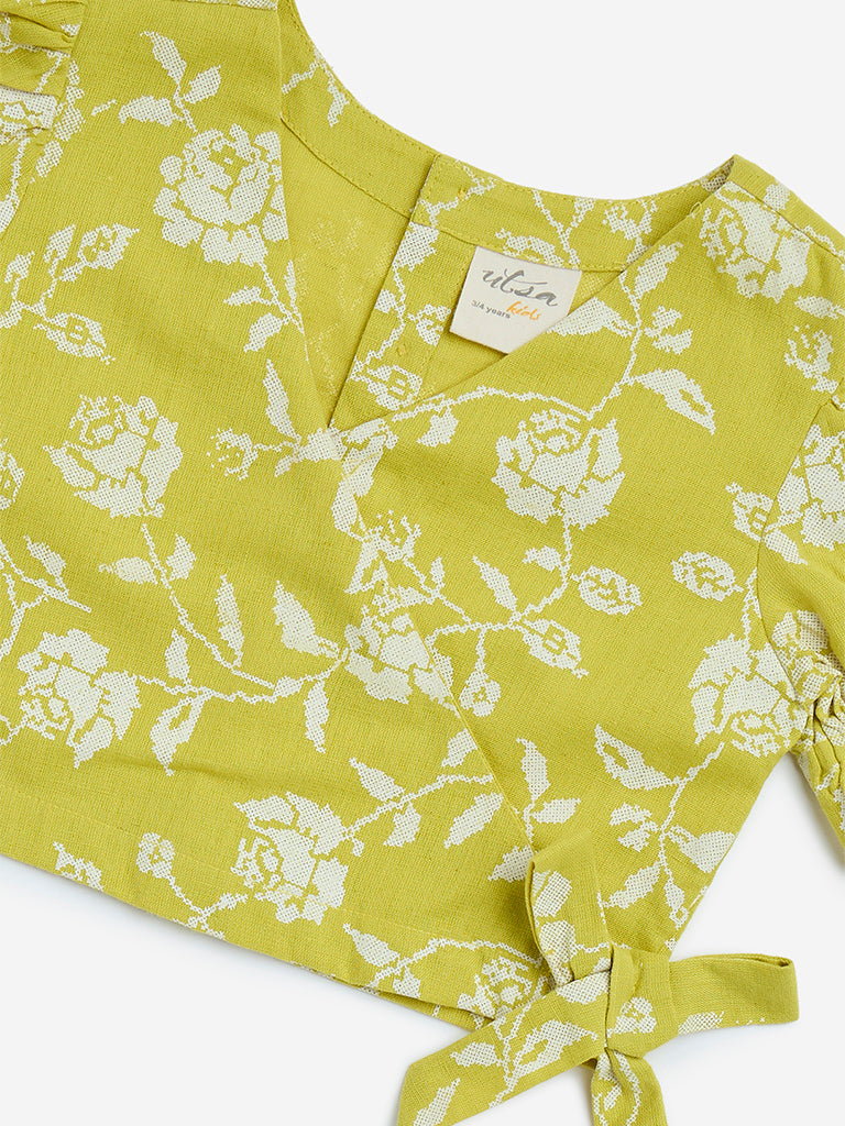 Utsa Kids Lime Floral Cotton-Blend Ethnic Top 2-8 years