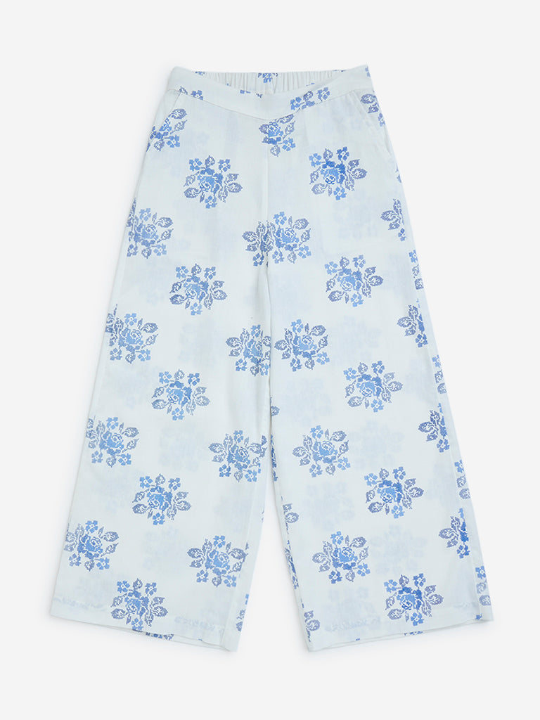 Utsa Kids White Floral Design Cotton-Blend Ethnic Pants 8-14 years