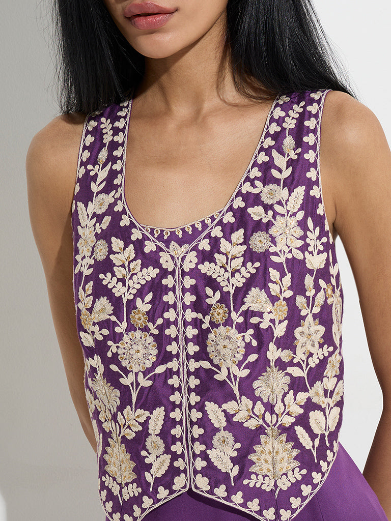 Vark Purple Floral Embroidered Ethnic Waistcoat-Style Top
