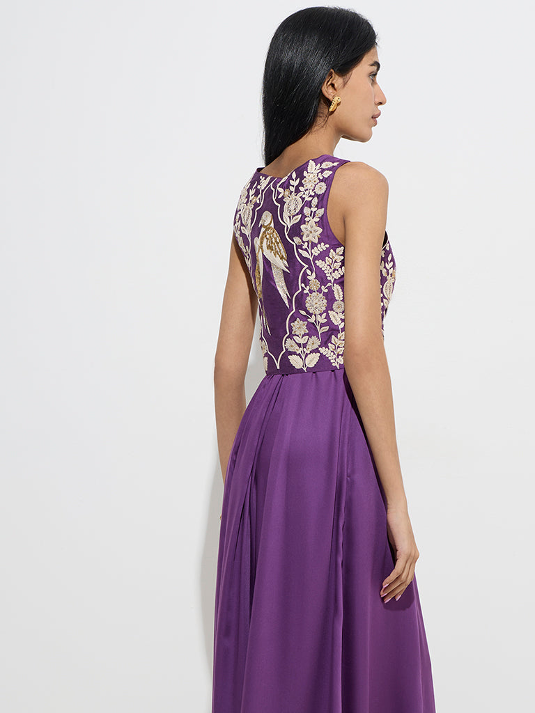 Vark Purple Floral Embroidered Ethnic Waistcoat-Style Top