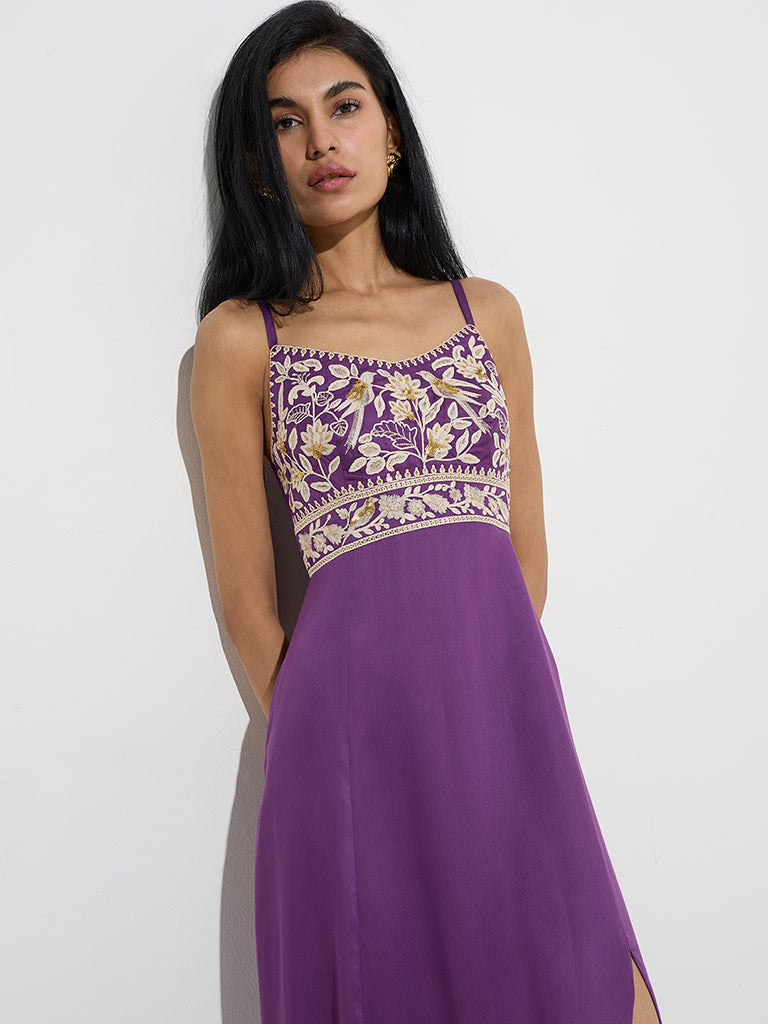 Vark Purple Floral Embroidered A-Line Dress