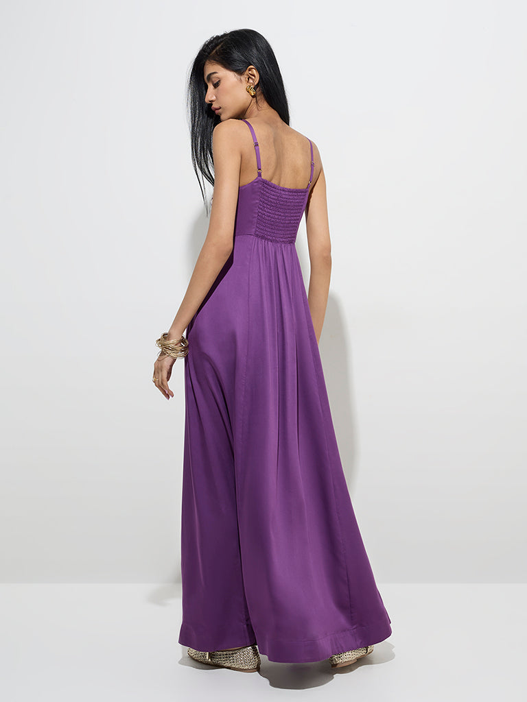 Vark Purple Floral Embroidered A-Line Dress
