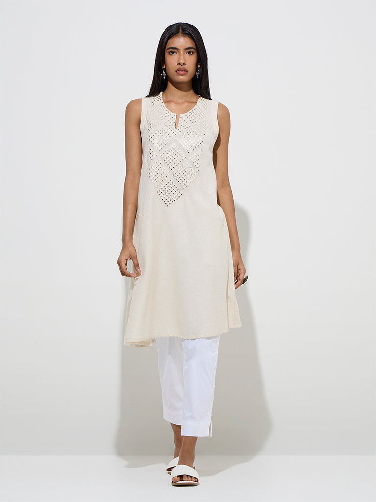 Utsa Off-White Mirror-Embroidered A-Line Cotton-Blend Kurta