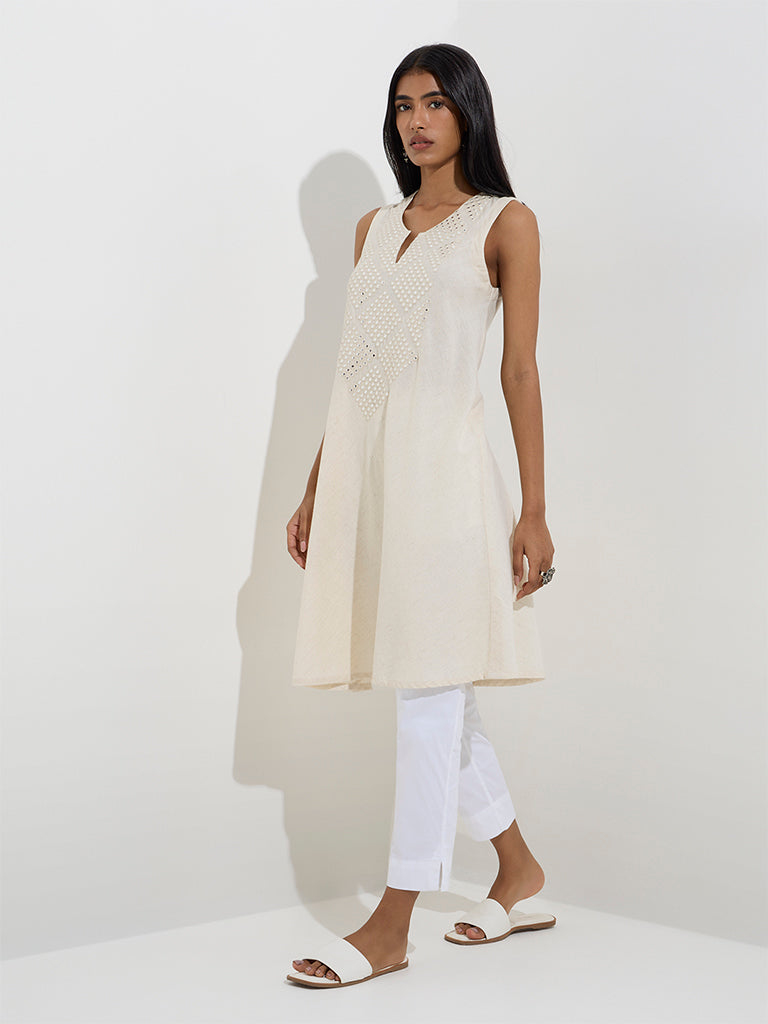 Utsa Off-White Mirror-Embroidered A-Line Cotton-Blend Kurta
