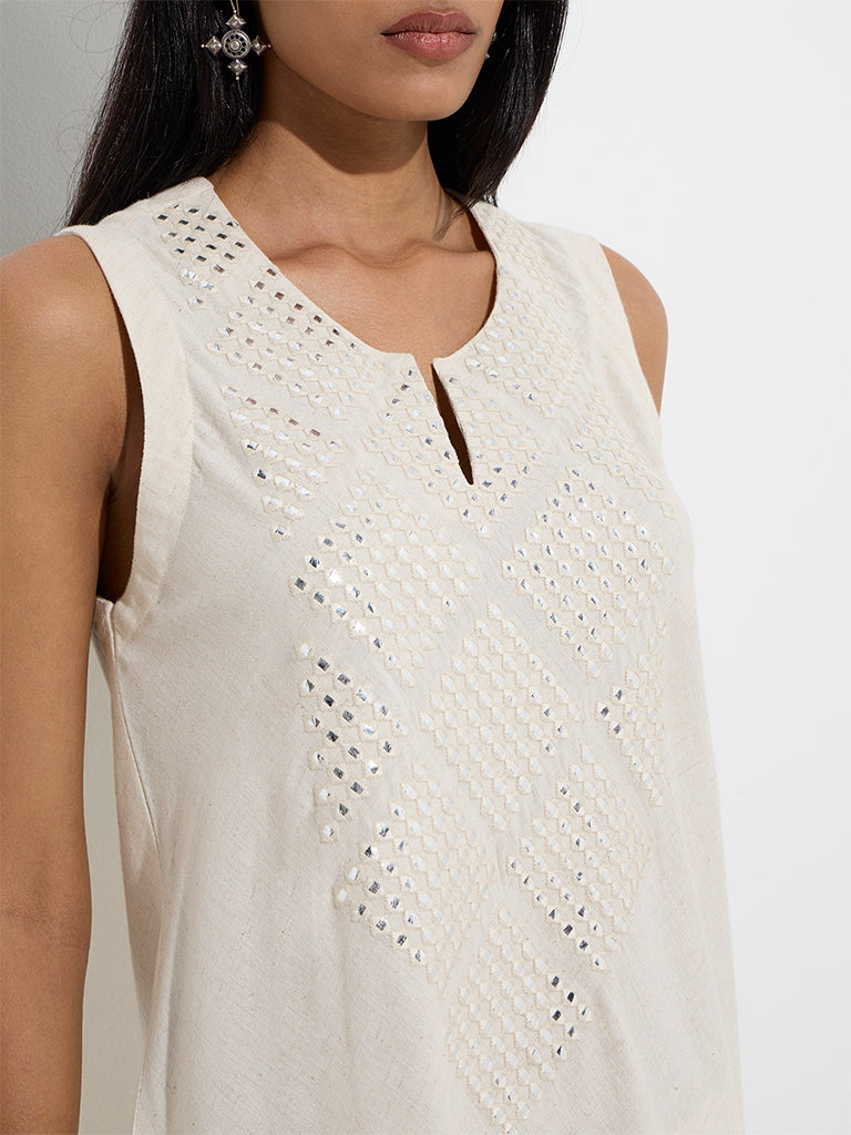 Utsa Off-White Mirror-Embroidered A-Line Cotton-Blend Kurta